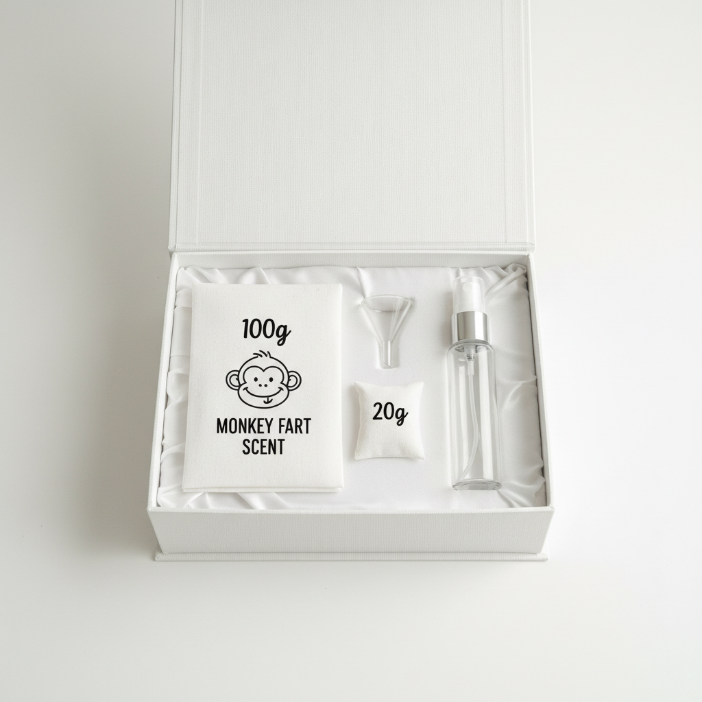 Box personnalisée avec poudre aspirateur 100g Pet de Singe, sachet 20g, spray transparent 130ml et entonnoir transparent