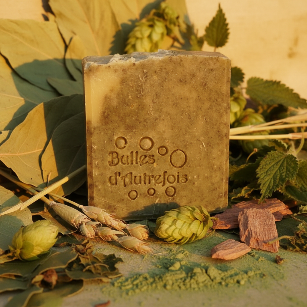 Savon bière patchouli lemongrass cèdre ortie argile verte