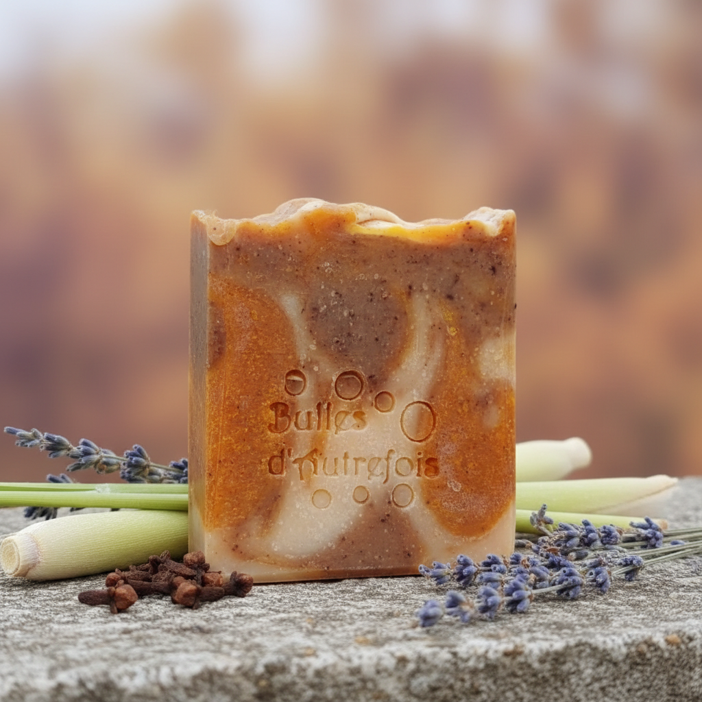 Savon lavandin patchouli lemon grass clou de girofle urucum